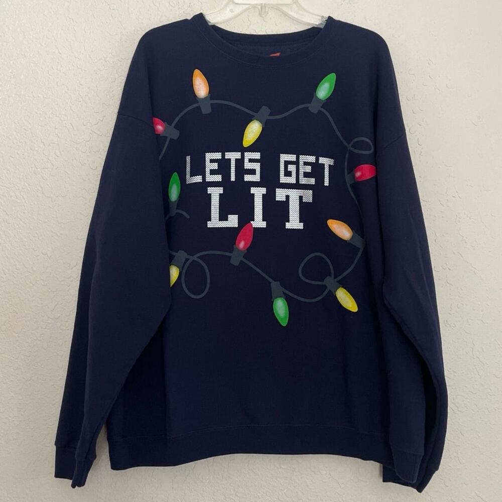 Lets Get Lit Holiday Sweatshirt Size XL Navy Christmas Lights Cozy Party Casual